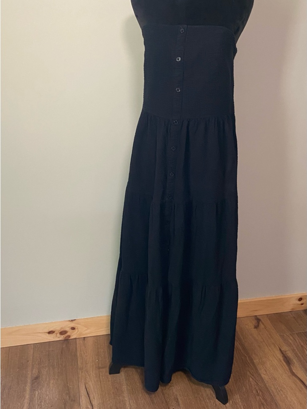 LOFT Black Smocked Button-Front Maxi Dress